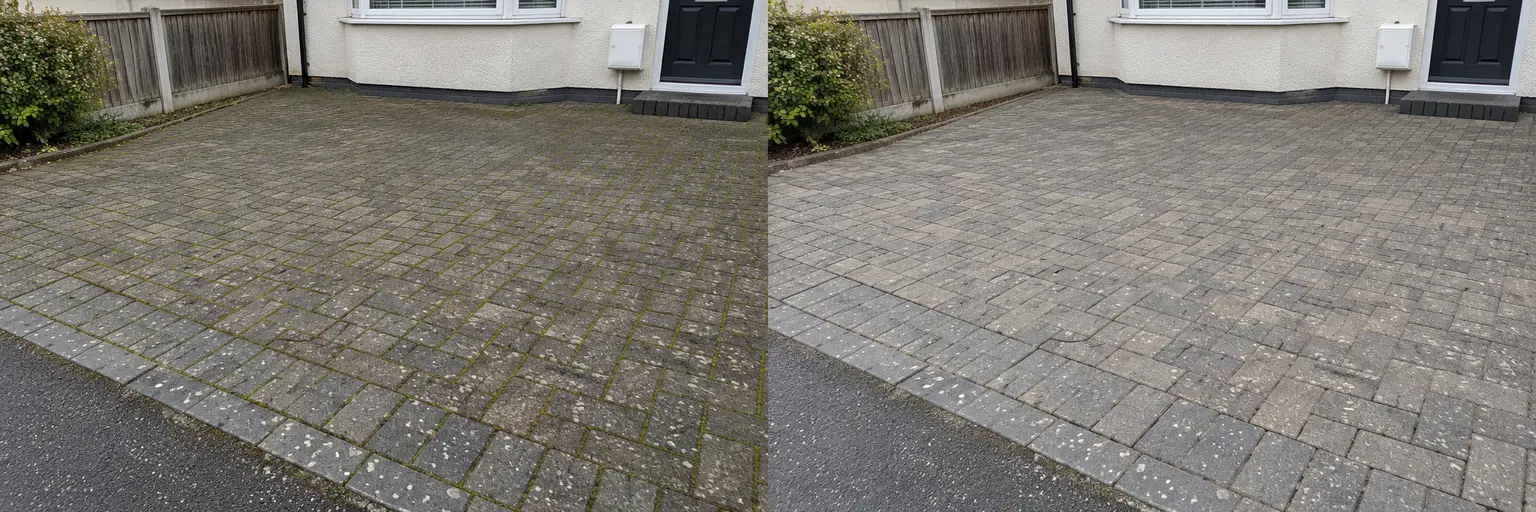 Illustrative before: grey block paving with surface grime and moss in the joints