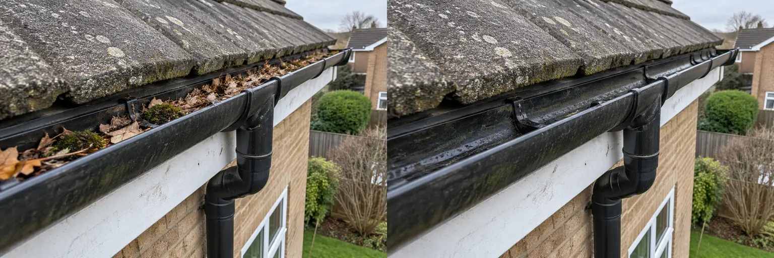 Illustrative before: black guttering containing leaves, twigs and moss