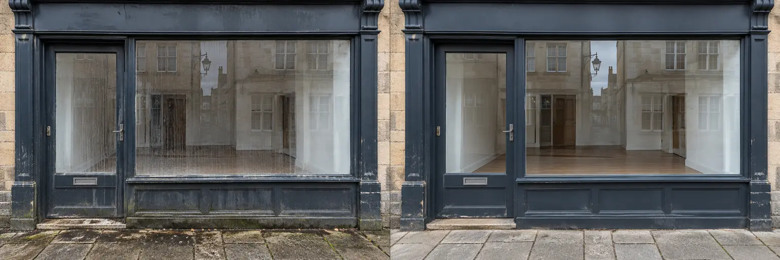 Illustrative before: an unbranded charcoal shop front with rain streaks and surface dirt