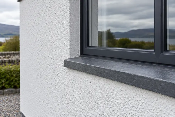 Illustrative image of white render and a charcoal window frame